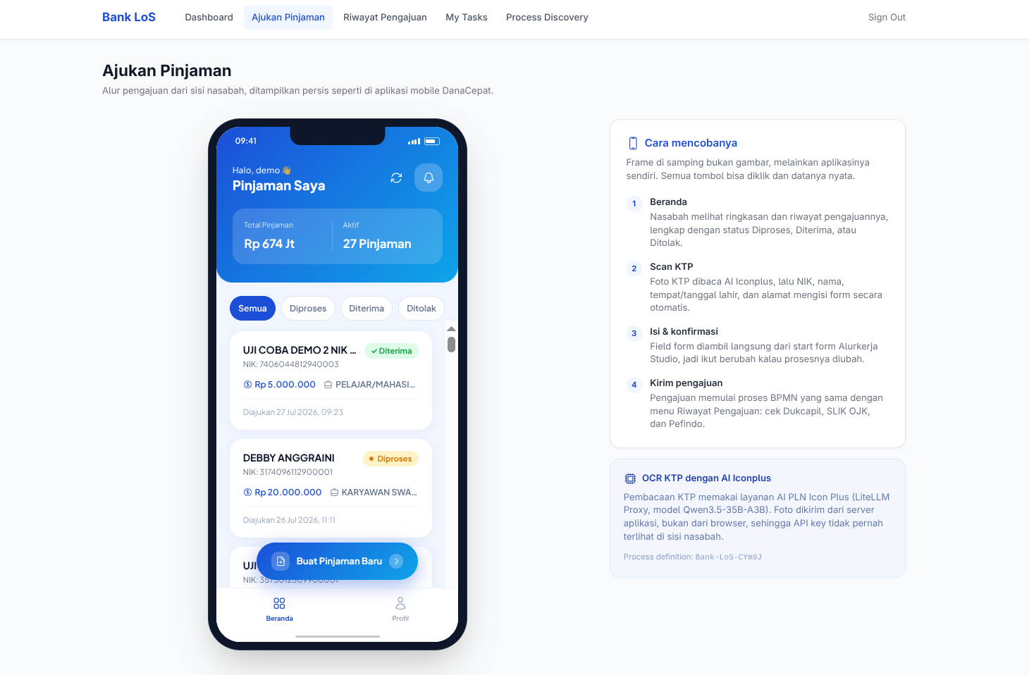Tampilan dashboard Loan Origination System AlurKerja