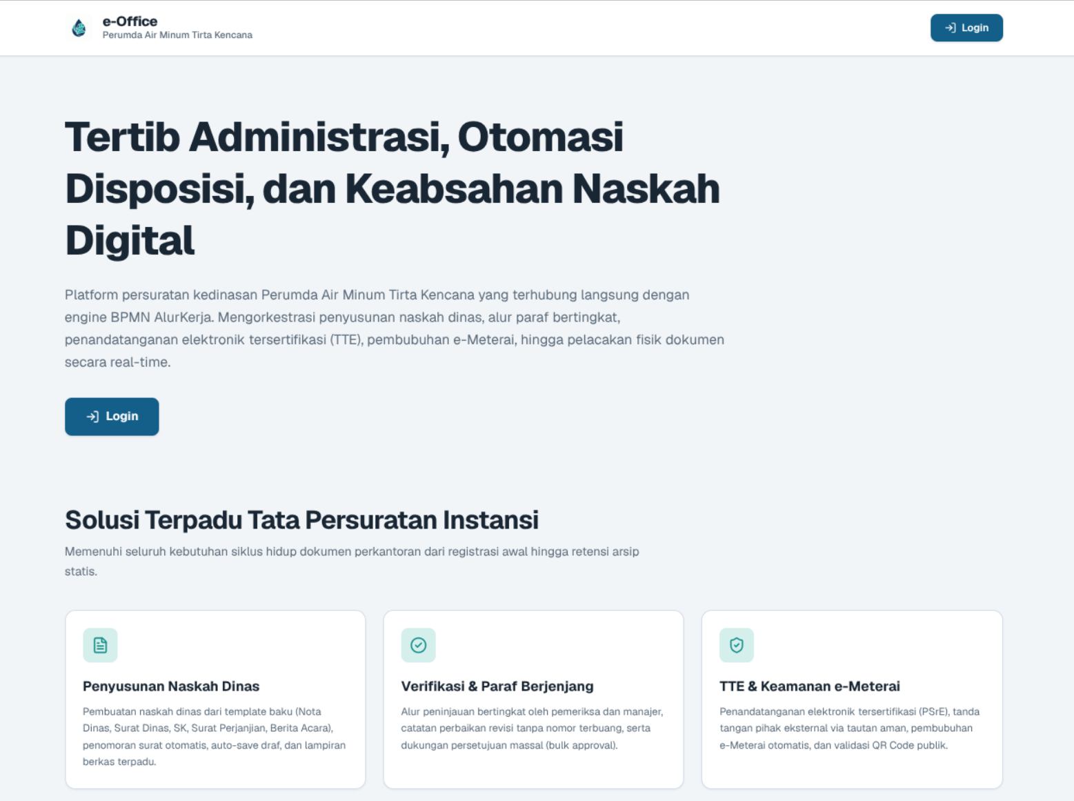 Landing page of the e-Office electronic correspondence app connected to the AlurKerja BPMN engine