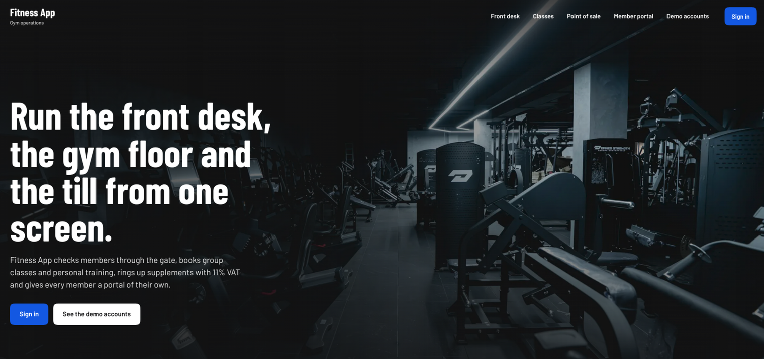 Fitness App Gym Management dashboard showing member management, scheduling, and POS operations