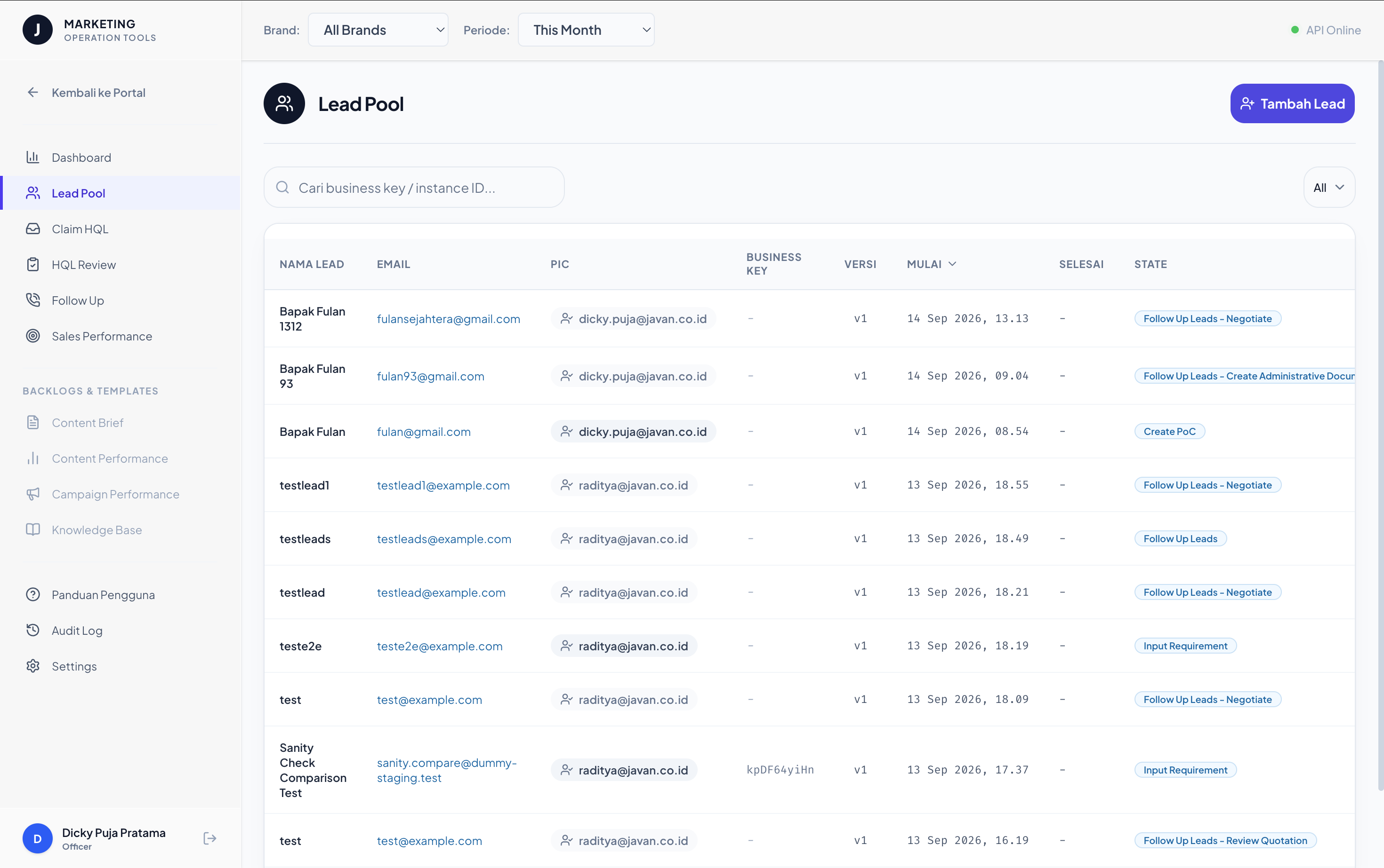 Seegrow Tools Lead Pool dashboard showing the lead list, PIC, and follow-up status